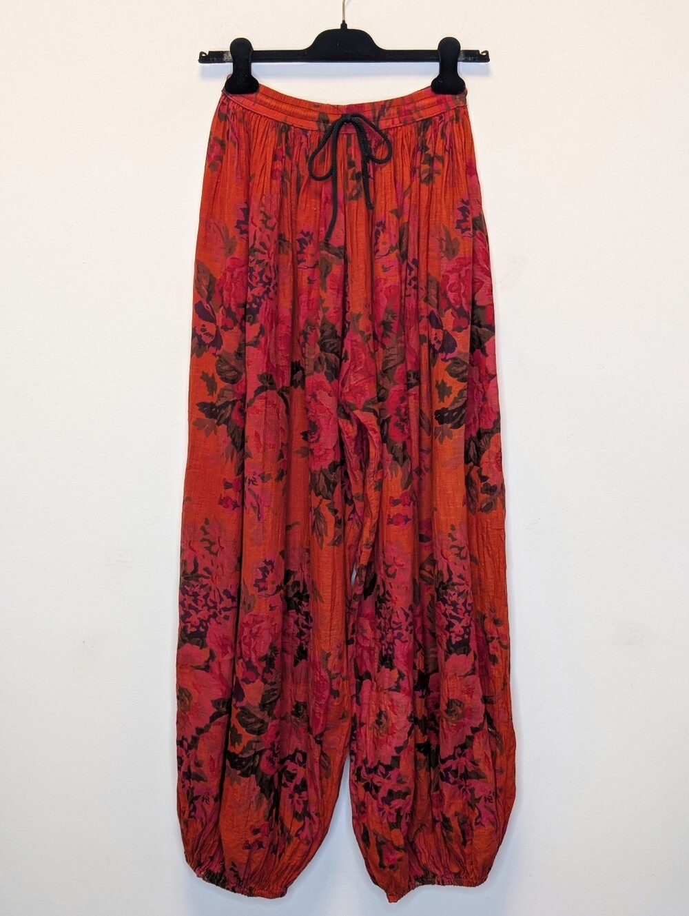 Boho Dark Floral Harem Pants Balloon Barrel Leg Cotton Lounge Festival Pants